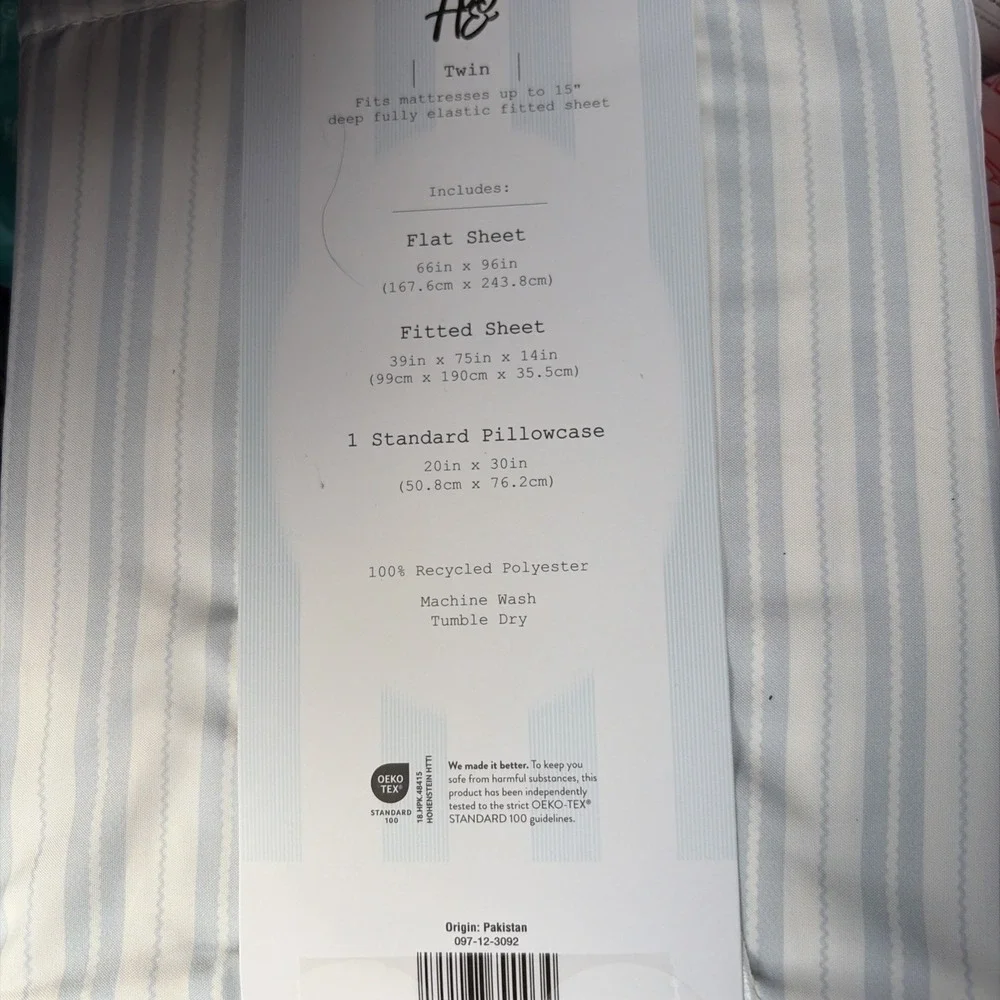 Harlow & Wren 3 Piece Sheet Set Blue White Stripes Resists Wrinkles Fits 15